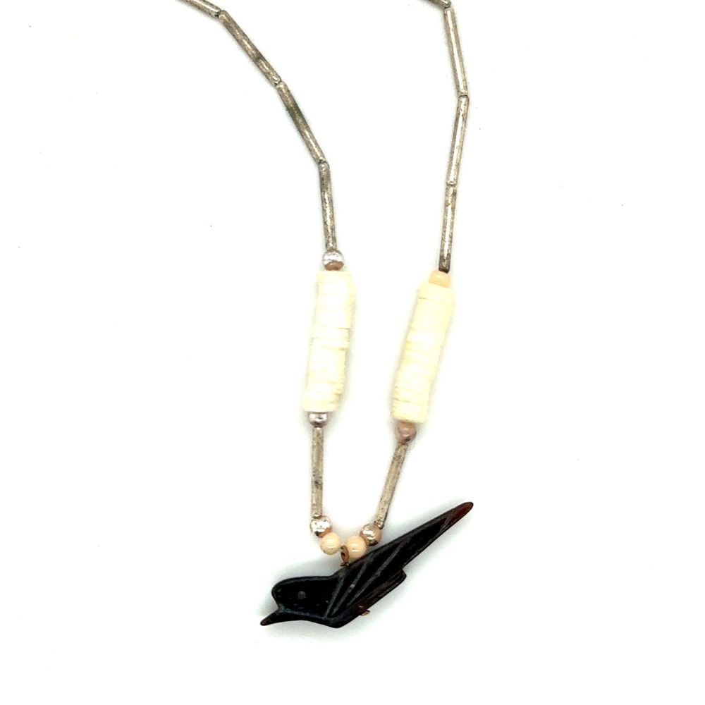 Liquid‎ Silvertone Bird Fetish Necklace Heishi Shell Hand Carved 15.5"